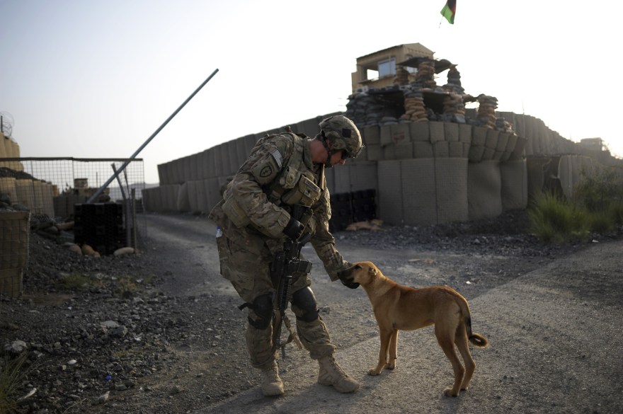 A member of the 1st Platoon Comanche Company of the US Army pets a dog at a checkpoint in the Combat Outpost Lakon in Buwri Tana District, Khost Province on August 9, 2012. (Photo: Jose CABEZAS/AFP/GettyImages)
